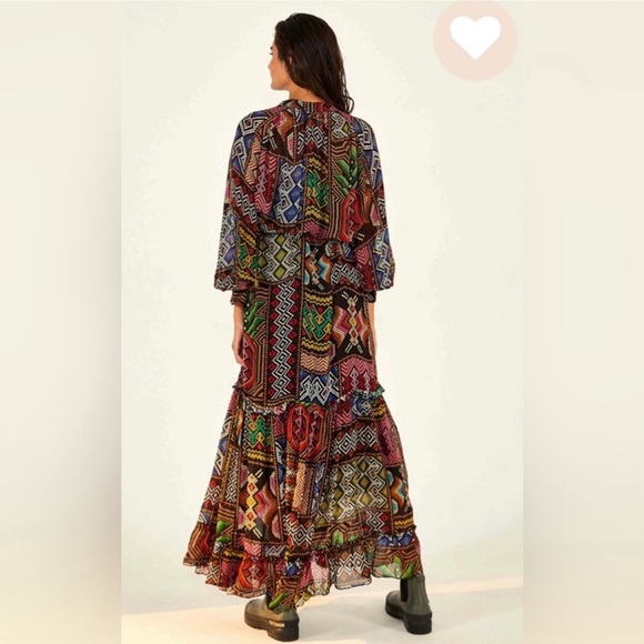 NWT FARM Rio Rauti Midi Dress Large Multi Abstract Tiered Long Sleeve High Neck - Picture 2 of 5